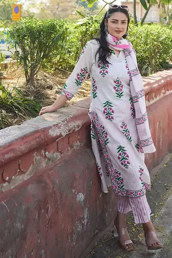 Pink floral printed cotton stitched straight kurta set with dupatta for women