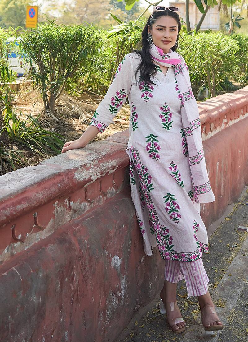 Pink floral printed cotton stitched straight kurta set with dupatta for women