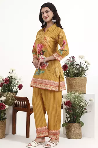Mustard floral printed cotton stitched co-ord set with pants for women
