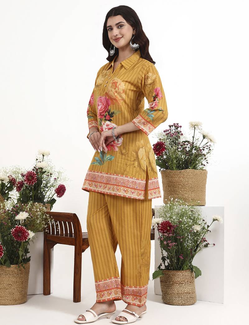 Mustard floral printed cotton stitched co-ord set with pants for women