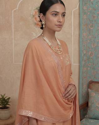 Peach plain chanderi cotton stitched a-line kurta set with dupatta for women 4
