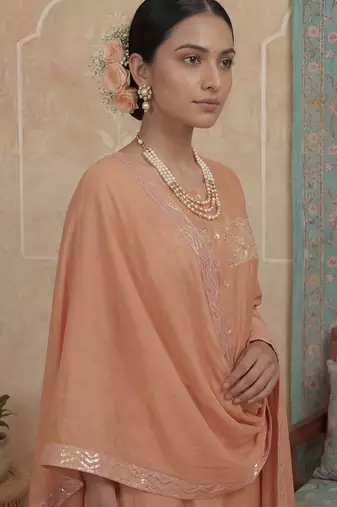 Peach plain chanderi cotton stitched a-line kurta set with dupatta for women