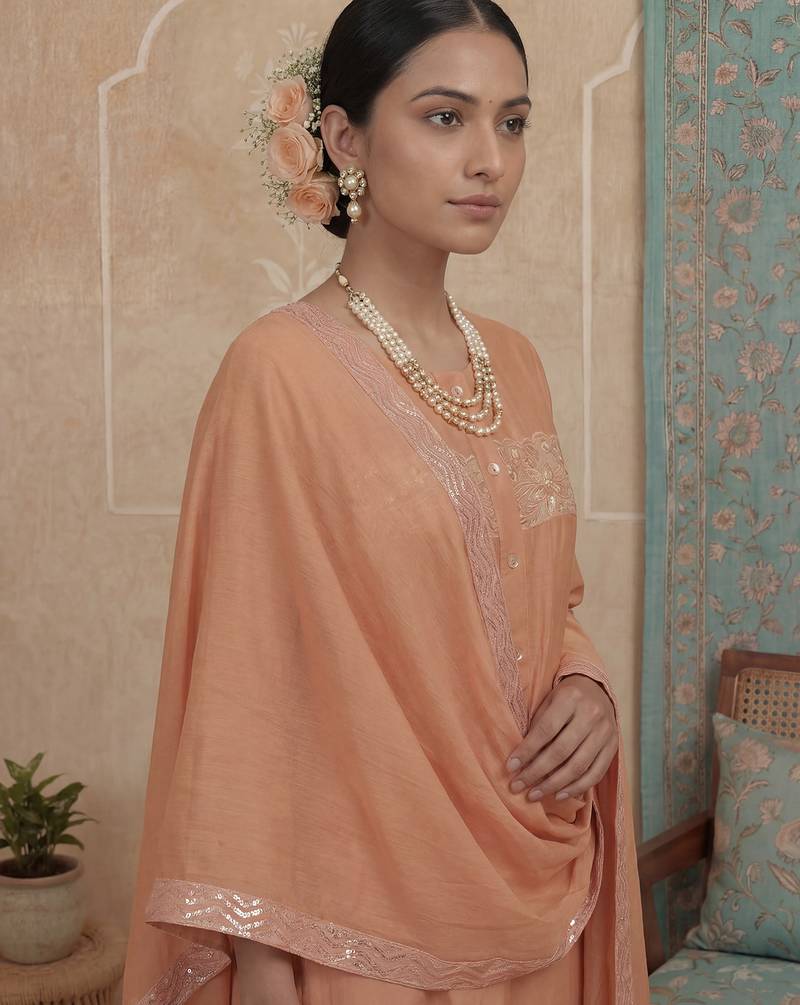Peach plain chanderi cotton stitched a-line kurta set with dupatta for women