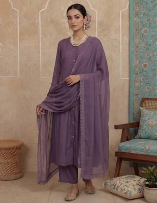 Purple plain chanderi cotton stitched a-line kurta set with dupatta for women 1