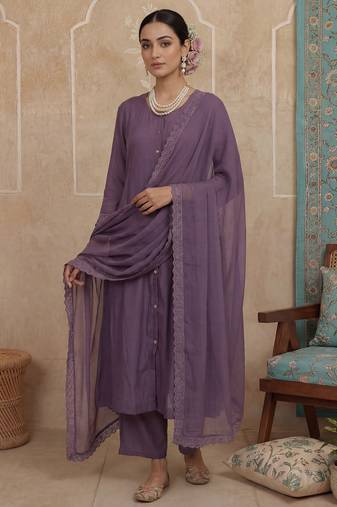 Purple plain chanderi cotton stitched a-line kurta set with dupatta for women