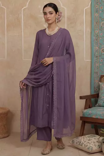 Purple plain chanderi cotton stitched a-line kurta set with dupatta for women