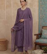 Purple plain chanderi cotton stitched a-line kurta set with dupatta for women