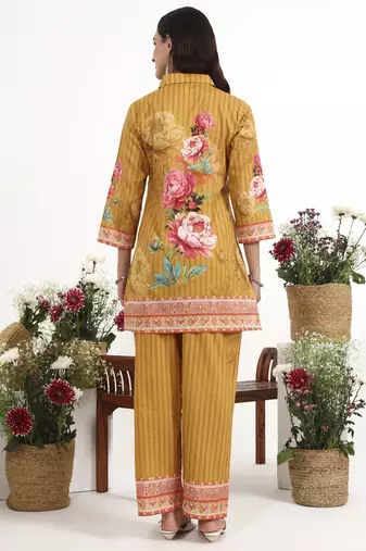 Mustard floral printed cotton stitched co-ord set with pants for women