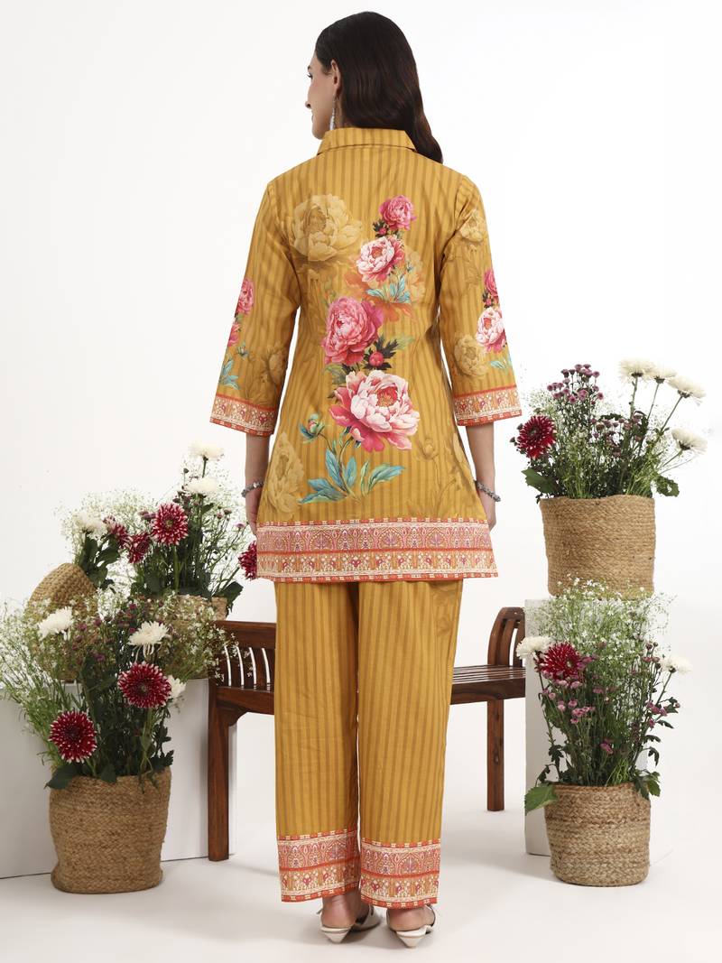 Mustard floral printed cotton stitched co-ord set with pants for women