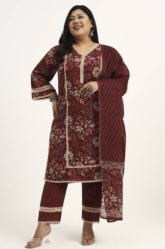 Maroon floral printed cotton stitched pathani kurta set with dupatta for women