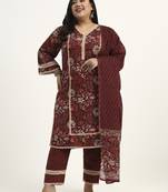 Maroon floral printed cotton stitched pathani kurta set with dupatta for women