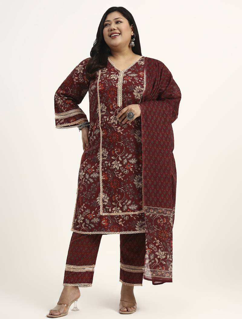 Maroon floral printed cotton stitched pathani kurta set with dupatta for women