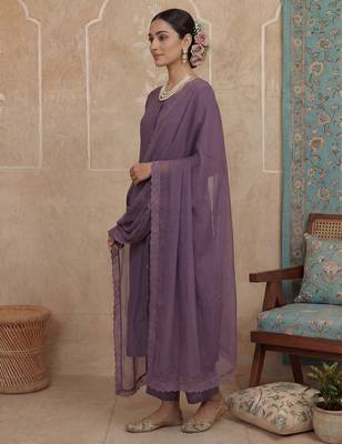 Purple plain chanderi cotton stitched a-line kurta set with dupatta for women 2