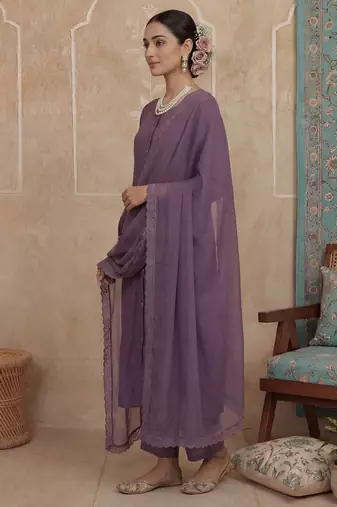 Purple plain chanderi cotton stitched a-line kurta set with dupatta for women