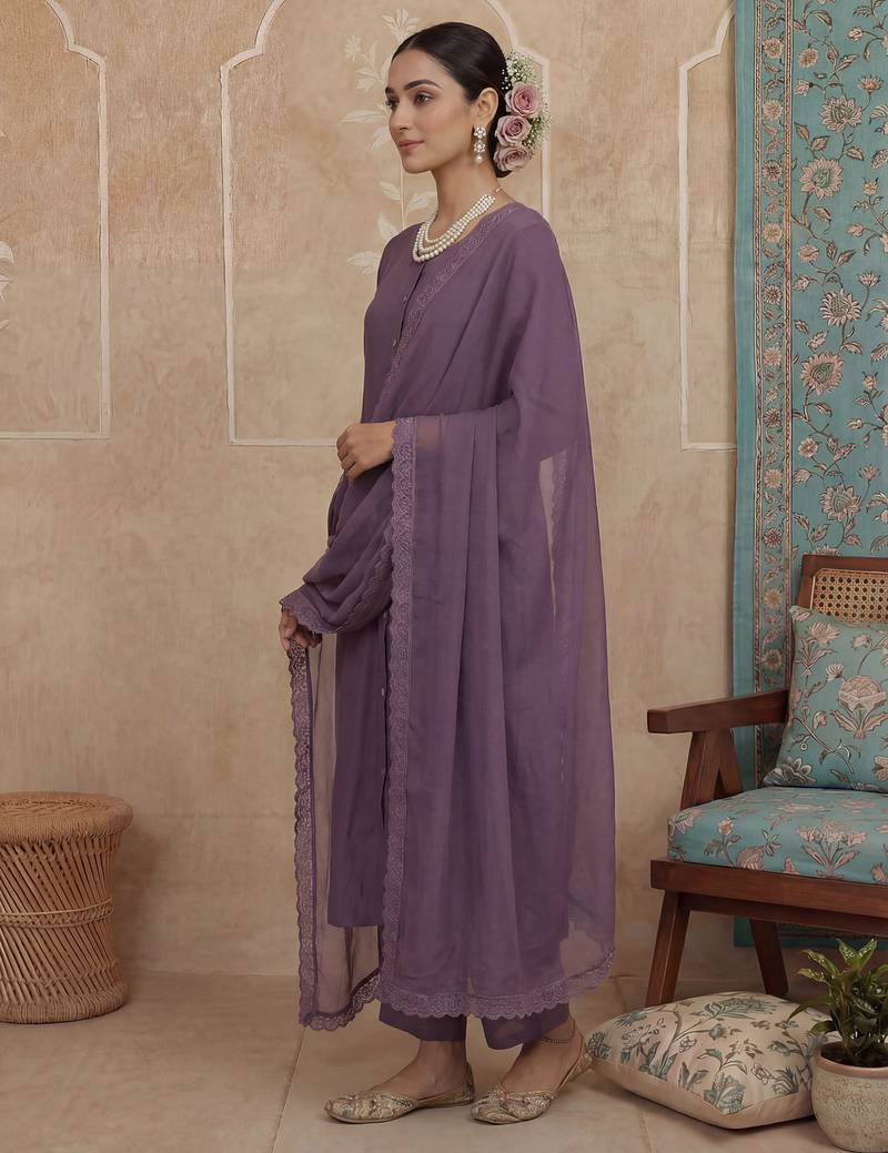 Purple plain chanderi cotton stitched a-line kurta set with dupatta for women