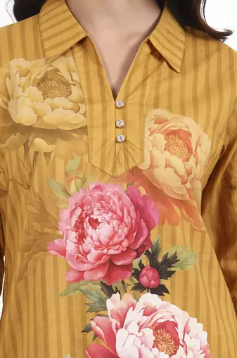 Mustard floral printed cotton stitched co-ord set with pants for women