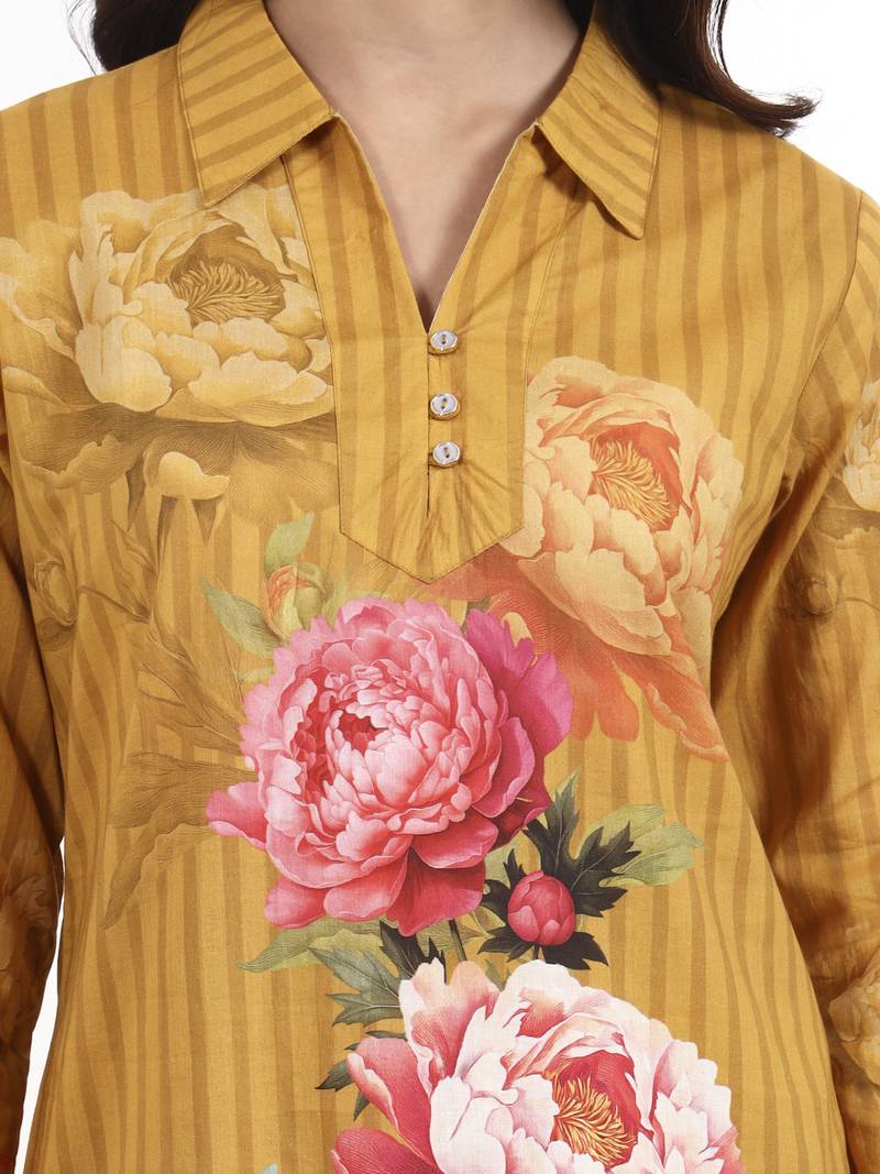 Mustard floral printed cotton stitched co-ord set with pants for women