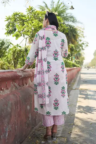 Pink floral printed cotton stitched straight kurta set with dupatta for women