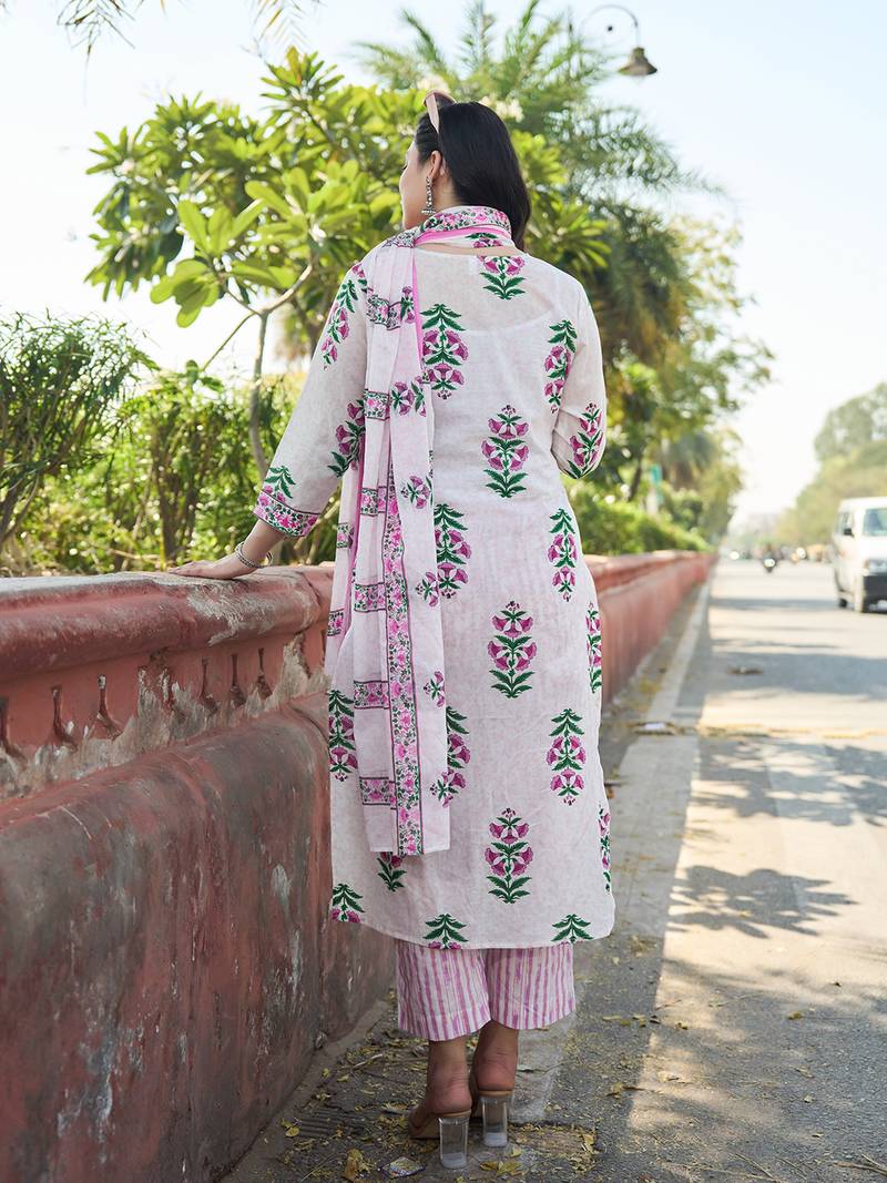 Pink floral printed cotton stitched straight kurta set with dupatta for women