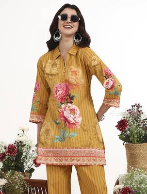 Mustard floral printed cotton stitched co-ord set with pants for women 5