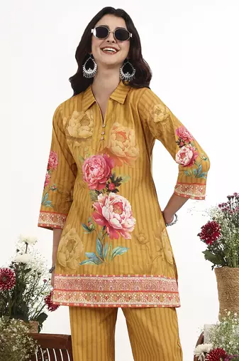 Mustard floral printed cotton stitched co-ord set with pants for women