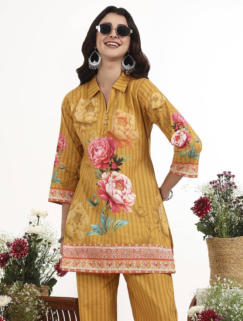 Mustard floral printed cotton stitched co-ord set with pants for women