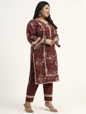 Maroon floral printed cotton stitched pathani kurta set with dupatta for women 2