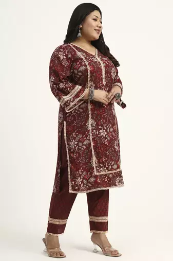 Maroon floral printed cotton stitched pathani kurta set with dupatta for women