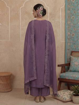 Purple plain chanderi cotton stitched a-line kurta set with dupatta for women 3