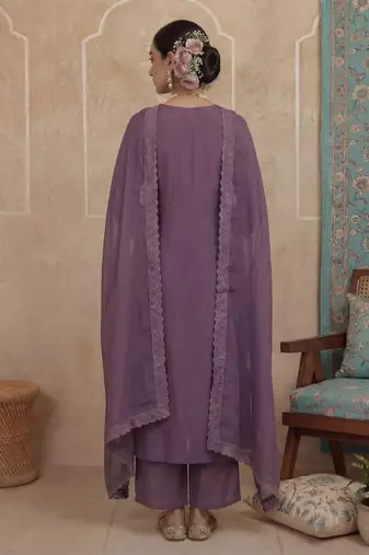 Purple plain chanderi cotton stitched a-line kurta set with dupatta for women