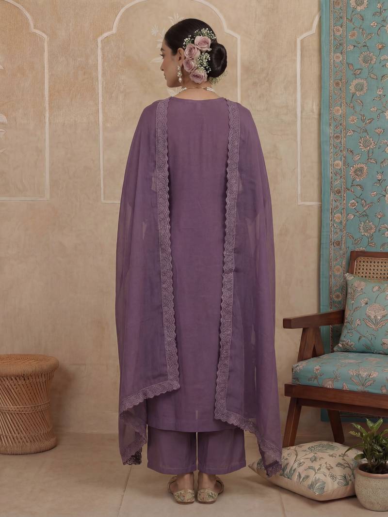 Purple plain chanderi cotton stitched a-line kurta set with dupatta for women