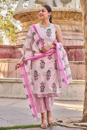 Pink floral printed cotton stitched straight kurta set with dupatta for women