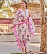 Pink floral printed cotton stitched straight kurta set with dupatta for women