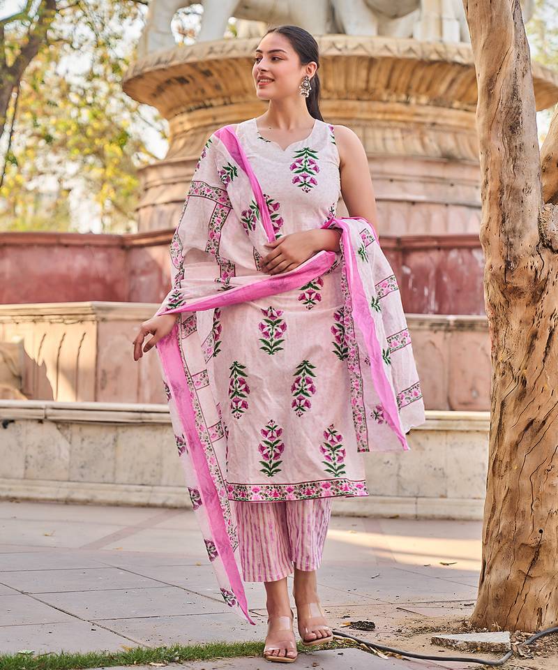 Pink floral printed cotton stitched straight kurta set with dupatta for women