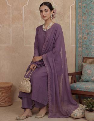 Purple plain chanderi cotton stitched a-line kurta set with dupatta for women 4