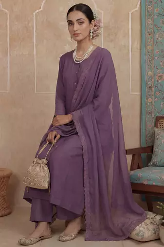 Purple plain chanderi cotton stitched a-line kurta set with dupatta for women