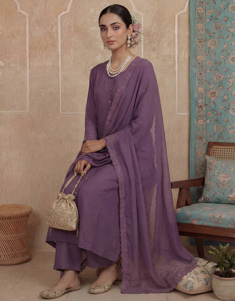 Purple plain chanderi cotton stitched a-line kurta set with dupatta for women