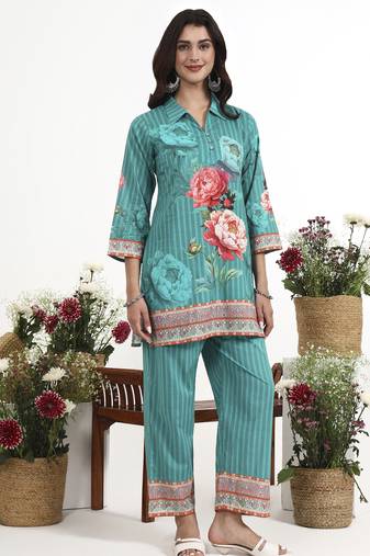 Turquoise floral printed cotton stitched co-ord set with pants for women