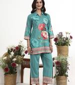 Turquoise floral printed cotton stitched co-ord set with pants for women