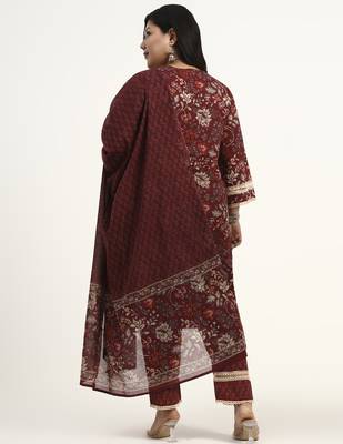 Maroon floral printed cotton stitched pathani kurta set with dupatta for women 3