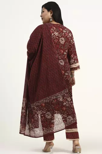 Maroon floral printed cotton stitched pathani kurta set with dupatta for women