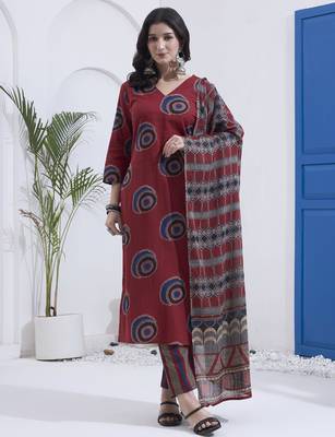 Maroon block printed cotton stitched straight kurta set with dupatta for women 1
