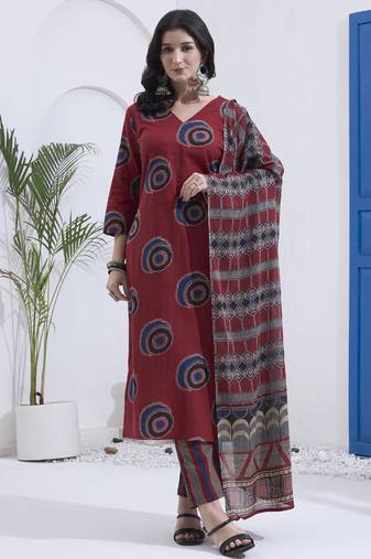 Maroon block printed cotton stitched straight kurta set with dupatta for women