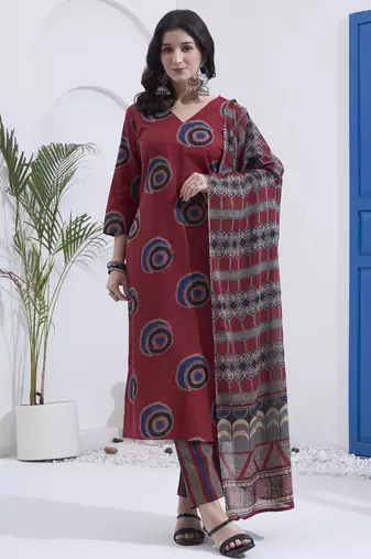 Maroon block printed cotton stitched straight kurta set with dupatta for women