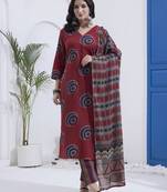 Maroon block printed cotton stitched straight kurta set with dupatta for women