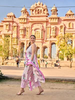 Pink floral printed cotton stitched straight kurta set with dupatta for women 2