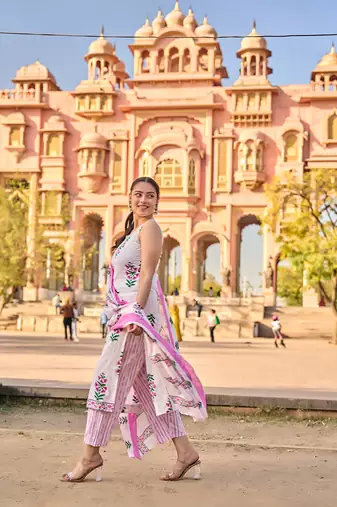 Pink floral printed cotton stitched straight kurta set with dupatta for women