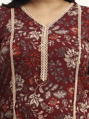Maroon floral printed cotton stitched pathani kurta set with dupatta for women 4