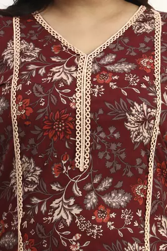 Maroon floral printed cotton stitched pathani kurta set with dupatta for women