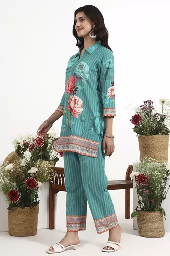 Turquoise floral printed cotton stitched co-ord set with pants for women